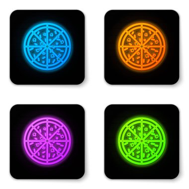 Beyaz arka planda izole parlayan neon Pizza simgesi. Siyah kare düğme. Vektör İllüstrasyonu