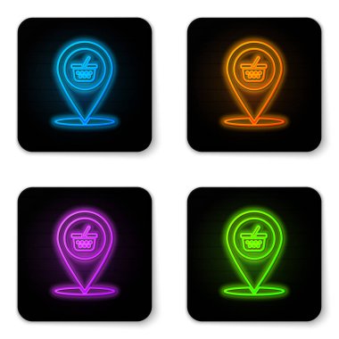 Beyaz arka planda izole edilmiş alışveriş sepeti simgesine sahip parlayan neon Harita işaretçisi. Pin point dükkanı ve alışveriş. Süpermarket sepeti sembolü. Siyah kare düğme. Vektör İllüstrasyonu