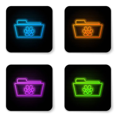 Beyaz arka planda izole parlayan neon Tıbbi veteriner kayıt klasörü simgesi. Köpek ya da kedi pençesi izi. Evcil hayvan için belge. Hasta dosya simgesi. Siyah kare düğme. Vektör İllüstrasyonu