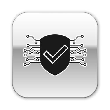 Siyah Siber güvenlik simgesi beyaz arka planda yalıtılmış. Kontrol işareti işareti olan kalkan. Güvenlik konsepti. Dijital veri koruması. Gümüş kare düğme. Vektör İllüstrasyonu