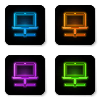 Beyaz arka planda yalıtılmış parlayan neon Bilgisayar ağ simgesi. Dizüstü bilgisayar ağı. İnternet bağlantısı. Siyah kare düğme. Vektör İllüstrasyonu