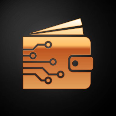 Siyah arka planda yalıtılmış Altın Cryptocurrency cüzdan simgesi. Cüzdan ve bitcoin işareti. Madencilik konsepti. Para, ödeme, nakit, ödeme simgesi. Vektör İllüstrasyonu