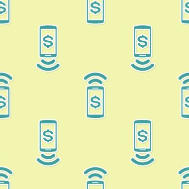 Yeşil Temassız ödeme simgesi sarı arka plan üzerinde sorunsuz desen izole. Mobil cüzdan teknolojisi, nfc, akıllı telefon ile kablosuz ödeme. Düz tasarım. Vektör İllüstrasyonu