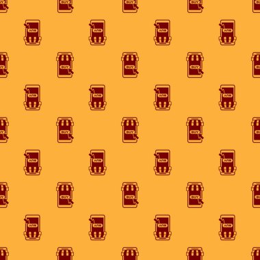 Çizgili tente simgesi ile Kırmızı Cep telefonu ve alışveriş sepeti kahverengi arka plan üzerinde sorunsuz desen izole. Online satın alma sembolü. Süpermarket sepeti sembolü. Vektör İllüstrasyonu