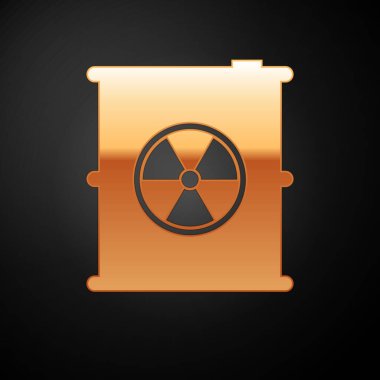 Siyah arka plan üzerinde izole varil simgesi altın Radyoaktif atık. Zehirli çöp fıçısı. Radyoaktif çöp emisyonları, çevre kirliliği. Vektör İllüstrasyonu
