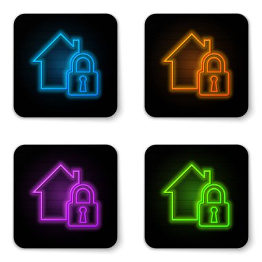 Beyaz arka plan üzerinde izole koruma simgesi altında Parlayan neon House. Eve ve kilitle. Koruma, güvenlik, güvenlik, koruma, savunma konsepti. Siyah kare düğme. Vektör İllüstrasyonu