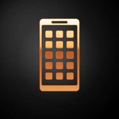 Siyah arka planda yalıtılmış Gold Mobile Apps simgesi. Ekran simgeleri, uygulamaları ile akıllı telefon. ekran gösteren cep telefonu. Vektör İllüstrasyonu