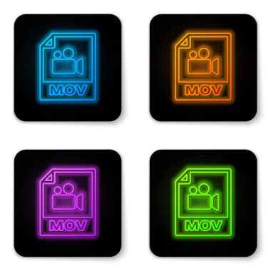 Parlayan neon Mov dosya belge simgesi. Beyaz arka planda yalıtılmış mov düğme simgesini indirin. Mov dosya sembolü. Ses ve video koleksiyonu. Siyah kare düğme. Vektör İllüstrasyonu