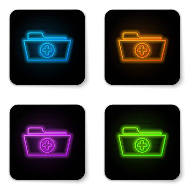 Beyaz arka planda yalıtılmış sağlık simgesi için parlayan neon Tıbbi sistem kaydı klasörü. Hasta dosya simgesi. Tıbbi tarih sembolü. Siyah kare düğme. Vektör İllüstrasyonu