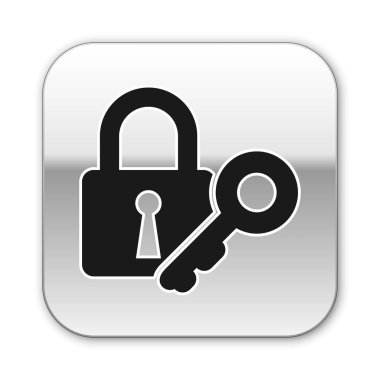 Siyah Kilit ve beyaz arka planda yalıtılmış anahtar simgesi. Asma kilit işareti. Güvenlik, güvenlik, koruma, gizlilik kavramı. Gümüş kare düğme. Vektör İllüstrasyonu