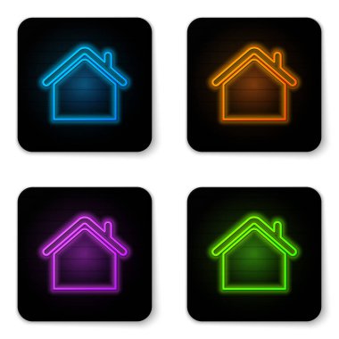 Beyaz arka planda izole parlayan neon House simgesi. Ev sembolü. Siyah kare düğme. Vektör İllüstrasyonu