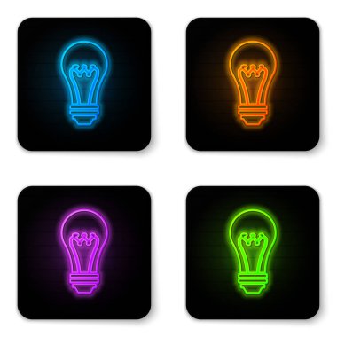 Beyaz arka planda yalıtılmış parlayan neon ampul simgesi. Enerji ve fikir sembolü. Lamba elektrikli. Siyah kare düğme. Vektör İllüstrasyonu