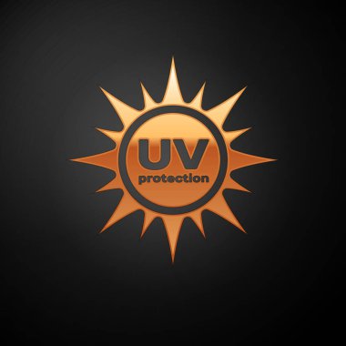 Siyah arka planda izole edilmiş Altın Uv koruma simgesi. Ultraviyole ışınları radyasyon. Spf güneş işareti. Vektör İllüstrasyonu