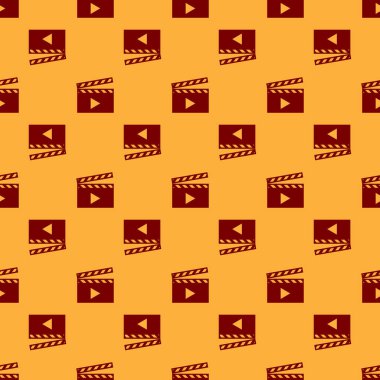 Kırmızı Film clapper simgesi kahverengi arka plan üzerinde sorunsuz desen izole. Film clapper kurulu simgesi. Clapperboard işareti. Sinema üretimi veya medya endüstrisi kavramı. Düz tasarım. Vektör İllüstrasyonu