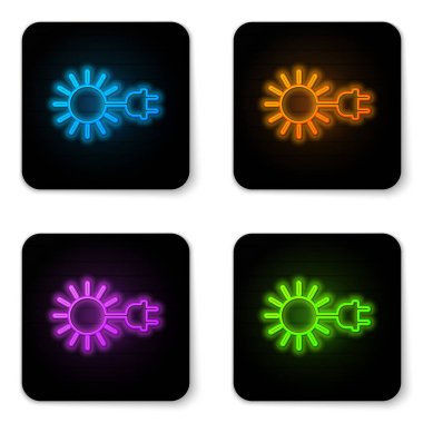 Beyaz arka plan üzerinde izole elektrikli fiş simgesi ile Parlayan neon Sun. Enerji tasarrufu kavramı. Siyah kare düğme. Vektör İllüstrasyonu