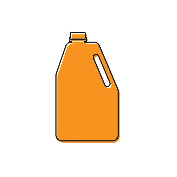 Оранжевые бытовые химикаты пустые пластиковые бутылки значок изолирован на белом фоне. Жидкое моющее средство или мыло, пятновыводитель, отбеливатель для белья. Векторная миграция — стоковый вектор
