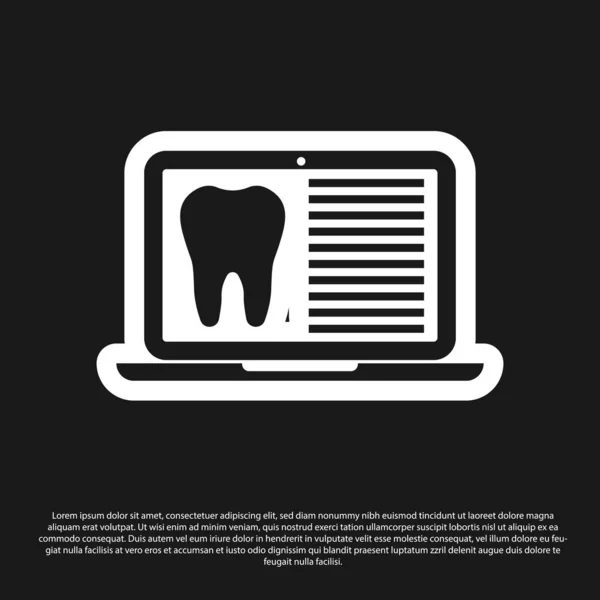 Laptop nero con scheda dentale o icona delle cartelle cliniche del paziente isolato su sfondo nero. Assicurazione dentistica. Rapporto della clinica dentistica. Illustrazione vettoriale — Vettoriale Stock