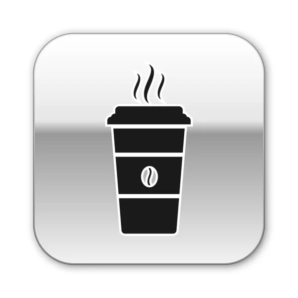 Icono de taza de café negro aislado sobre fondo blanco. taza de café desechable con café caliente. Botón cuadrado plateado. Ilustración vectorial — Archivo Imágenes Vectoriales