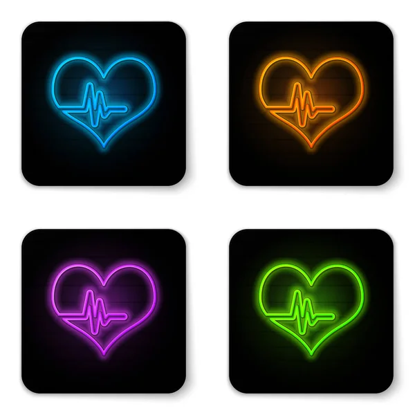 Glowing neon Heart rate icon isolated on white background. Heartbeat sign. Heart pulse icon. Cardiogram icon. Black square button. Vector Illustration — Stock Vector