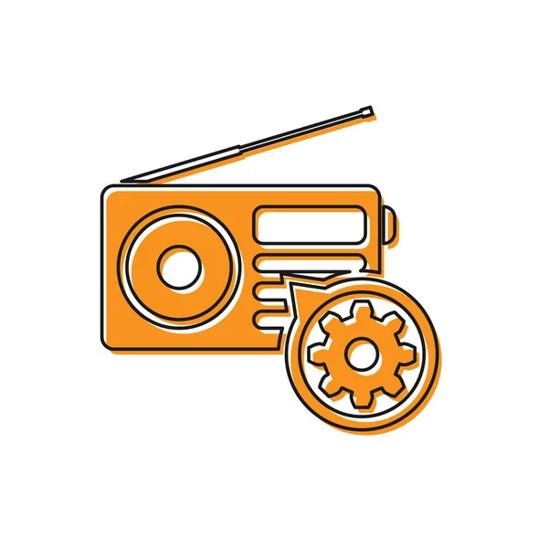 Oranje radio met antenne en tandwielpictogram geïsoleerd op witte achtergrond. Aanpassen van de app, service concept, instelmogelijkheden, onderhoud, reparatie, vaststelling. Vector illustratie — Stockvector