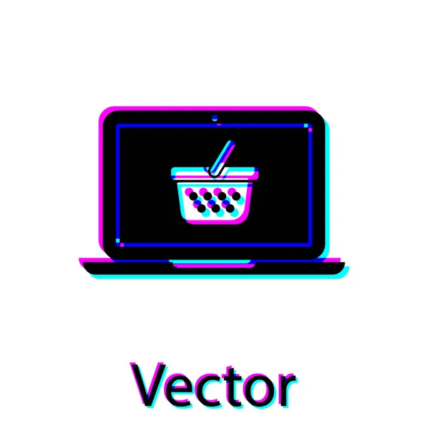 Negro cesta de la compra en la pantalla del ordenador portátil icono aislado sobre fondo blanco. Concepto e-commerce, e-business, marketing online. Ilustración vectorial — Archivo Imágenes Vectoriales