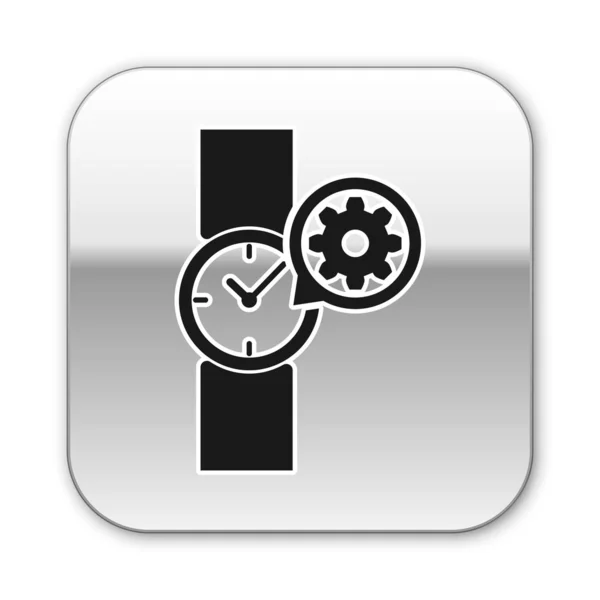 白い背景に隔離された黒い腕時計とギアアイコン。アプリ、サービスコンセプト、設定オプション、メンテナンス、修理、固定の調整。シルバーの正方形のボタン。ベクトルイラストレーション — ストックベクタ