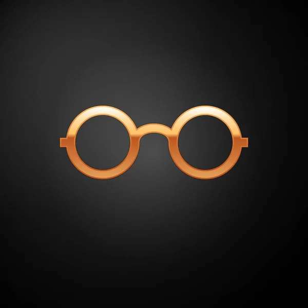 黒い背景に隔離されたゴールドメガネのアイコン。眼鏡フレームシンボル。ベクトルイラストレーション — ストックベクタ