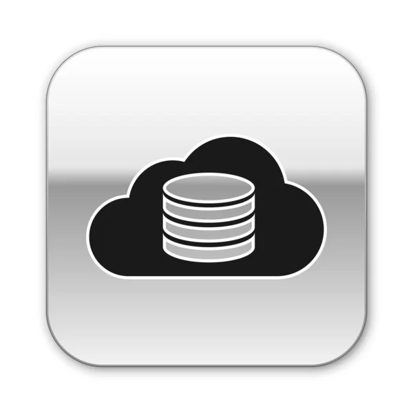 Schwarze Wolke Datenbank-Symbol isoliert auf weißem Hintergrund. Cloud Computing Konzept. digitaler Dienst oder App mit Datenübertragung. Silberner quadratischer Knopf. Vektorillustration — Stockvektor