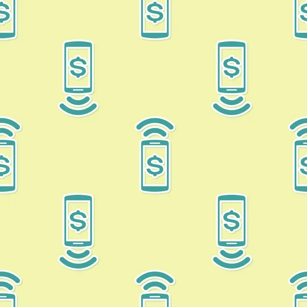 Zielona ikona płatności zbliżona bez szwu na żółtym tle. Technologia portfela mobilnego, NFC, bezprzewodowa płatność ze smartfonem. Płaska konstrukcja. Ilustracja wektorowa — Wektor stockowy