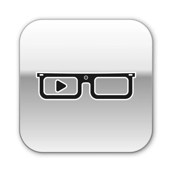 白い背景に隔離された眼鏡アイコンに取り付けられた黒いスマートメガネ。カメラとディスプレイを備えたウェアラブルエレクトロニクススマートメガネ。シルバーの正方形のボタン。ベクトルイラストレーション — ストックベクタ