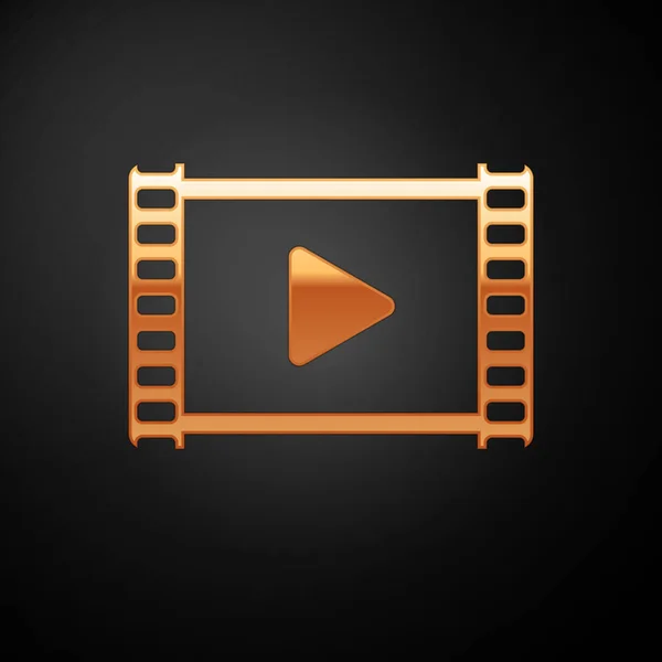 Gold Play videó ikon izolált fekete háttér. Filmszalag játékjellel. Vektoros illusztráció — Stock Vector