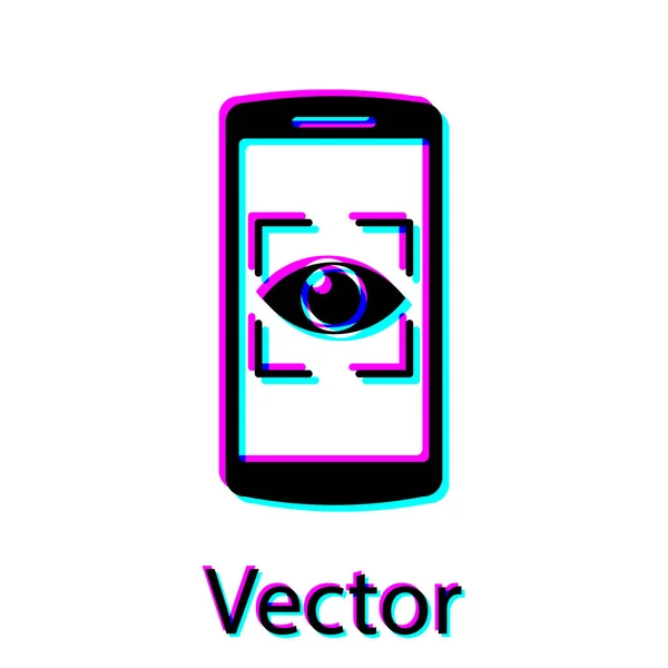 Teléfono móvil negro e icono de exploración ocular aislado sobre fondo blanco. Ojo escáner. Comprobación de seguridad. Signo cibernético. Ilustración vectorial — Vector de stock