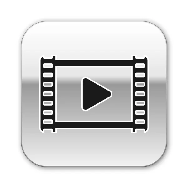 Schwarzes Abspielvideosymbol isoliert auf weißem Hintergrund. Filmstreifen mit Spielzeichen. Silberner quadratischer Knopf. Vektorillustration — Stockvektor