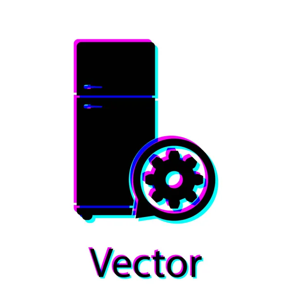 Refrigerador negro e icono de engranaje aislado sobre fondo blanco. Ajustar la aplicación, concepto de servicio, opciones de configuración, mantenimiento, reparación, fijación. Ilustración vectorial — Vector de stock