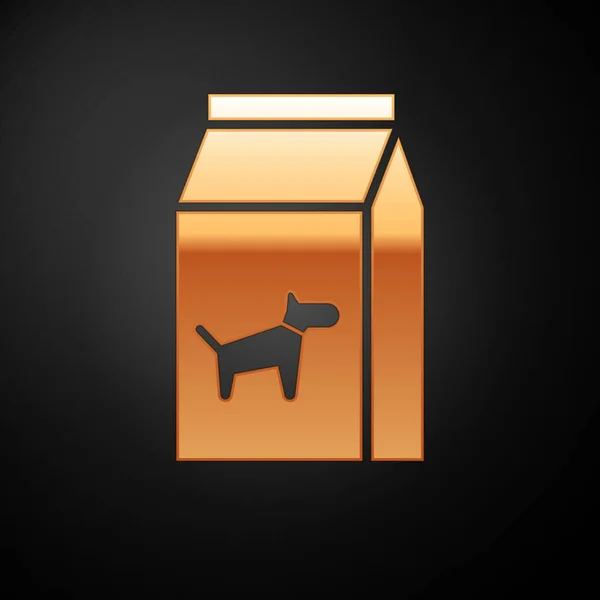 Золота сумка з їжею для значка собаки ізольована на чорному тлі. Їжа для тварин. Пакет кормів для тварин. Векторна ілюстрація — стоковий вектор