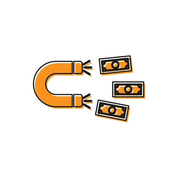 Magnete arancione con icona di denaro isolato su sfondo bianco. Concetto di attrarre investimenti, denaro. Grande attrazione di profitto aziendale e di successo. Illustrazione vettoriale — Vettoriale Stock