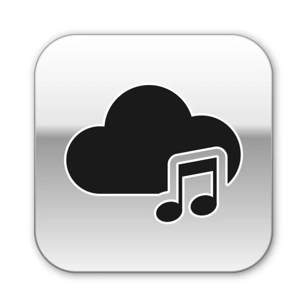 Ikon layanan streaming musik hitam terisolasi pada latar belakang putih. Komputasi awan suara, streaming media online, lagu online, gelombang audio. Tombol persegi perak. Ilustrasi Vektor - Stok Vektor