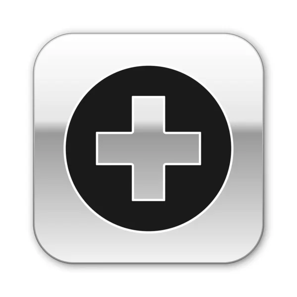 Cruz médica negra en el icono del círculo aislado sobre fondo blanco. Símbolo médico de primeros auxilios. Botón cuadrado plateado. Ilustración vectorial — Vector de stock