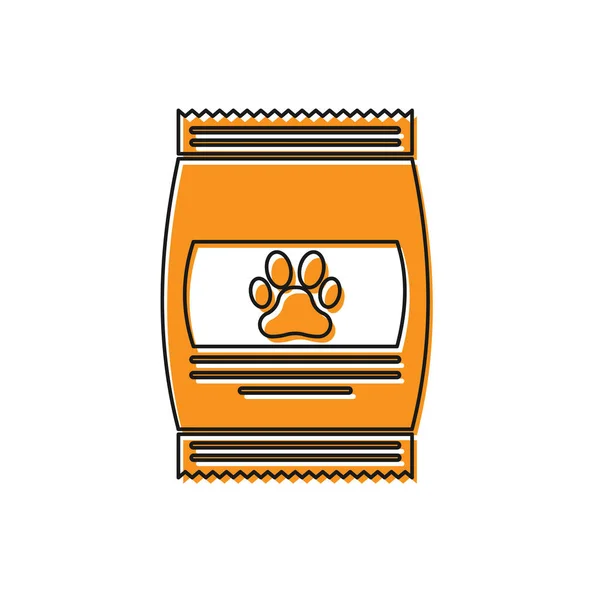 Sac de nourriture orange pour icône d'animal isolé sur fond blanc. Nourriture pour animaux. Paquet de nourriture pour animaux. Empreinte de patte de chien ou chat. Illustration vectorielle — Image vectorielle