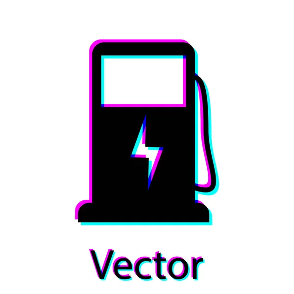 Černý elektrický nabíjecí pumpa, ikona izolovaná na bílém pozadí. Značka eko elektrického palivového čerpadla. Vektorová ilustrace — Stockový vektor