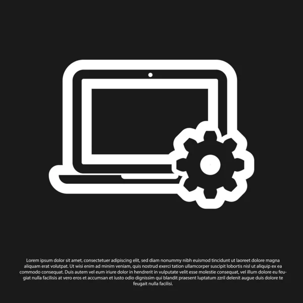 Black Laptop and gear icon on black background. Laptop service concept. Adjusting app, setting options, maintenance, repair, fixing laptop concepts. Vector Illustration — Stock Vector