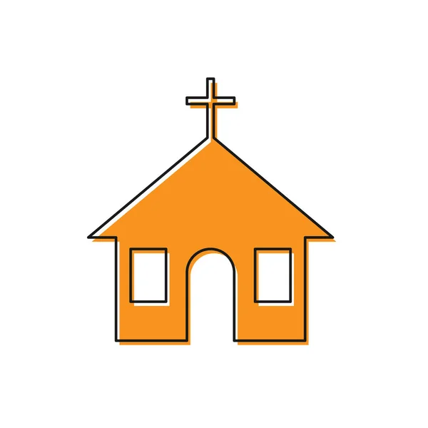 오렌지 교회 건물의 아이콘은 흰색 배경에 분리되어 있습니다. 기독교 교회. 교회의 종교. 사기적 인 예 — 스톡 벡터