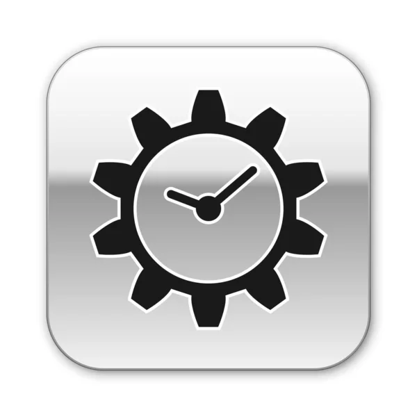 Icono de gestión del tiempo negro aislado sobre fondo blanco. Señal de reloj y engranaje. Botón cuadrado plateado. Ilustración vectorial — Vector de stock