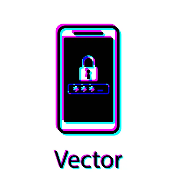 Icono de protección de teléfono móvil y contraseña negro aislado sobre fondo blanco. Seguridad, seguridad, acceso personal, autorización del usuario, privacidad. Ilustración vectorial — Vector de stock