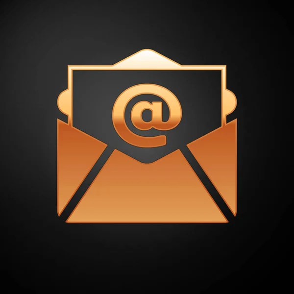 Zlatá pošta a ikona e-mailu izolované na černém pozadí. E-mail s symbolem obálky. Symbol e-mailové zprávy. Vektorová ilustrace — Stockový vektor