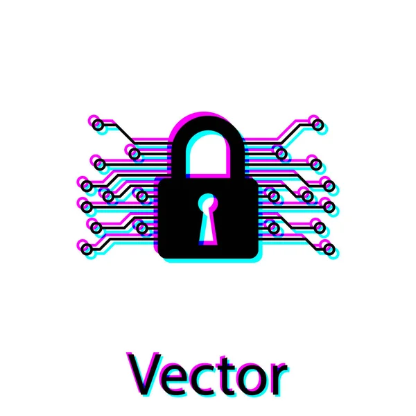 Ícone de segurança cibernética preto isolado no fundo branco. Cadeado fechado na placa de circuito digital. Conceito de segurança. Proteção de dados digitais. Ilustração vetorial — Vetor de Stock