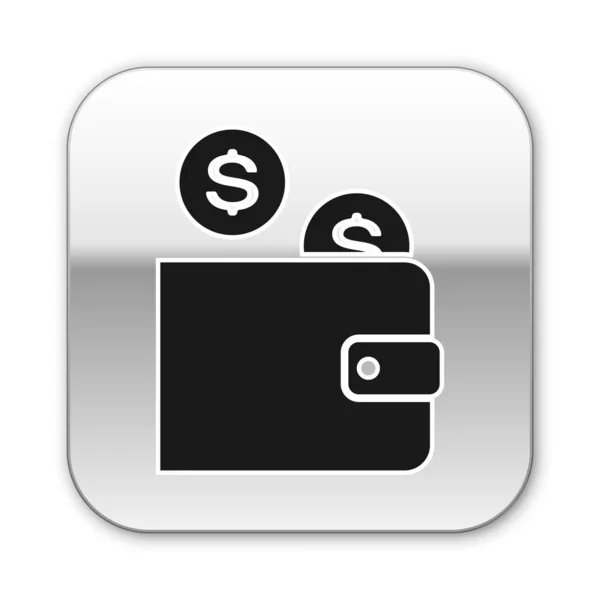 Zwarte portemonnee met munt pictogram geïsoleerd op witte achtergrond. Geld portemonnee. Munt dollar symbool. Zilveren vierkante knop. Vector illustratie — Stockvector