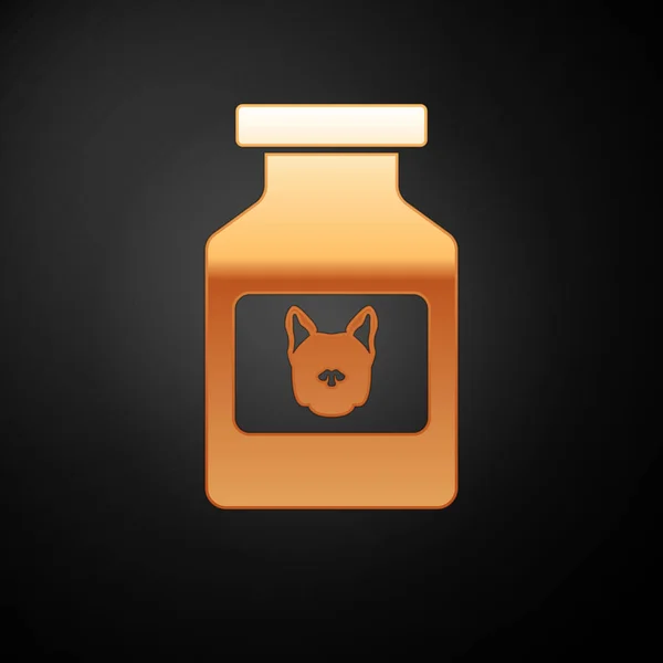 Icono de la botella de medicina Gold Dog aislado sobre fondo negro. Contenedor con pastillas. Medicina de prescripción para animales. Ilustración vectorial — Archivo Imágenes Vectoriales