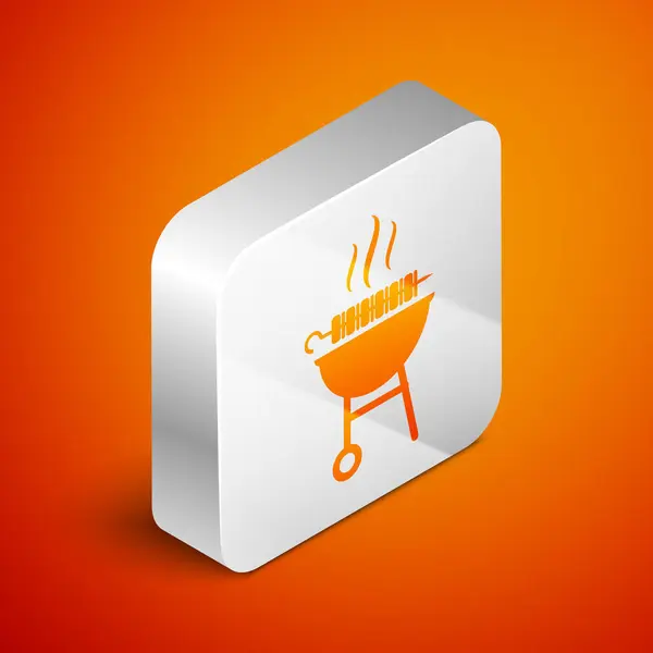 Isométrica barbacoa parrilla shish kebab en pincho icono palo aislado sobre fondo naranja. Barbacoa kebab de carne en palo de pincho. Picnic con carne de parrilla. Botón cuadrado plateado. Ilustración vectorial — Vector de stock