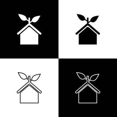 Set Eko dostu ev simgesi siyah ve beyaz arka plan üzerinde izole simgeler izole. Yapraklı eko ev. Vektör İllüstrasyonu